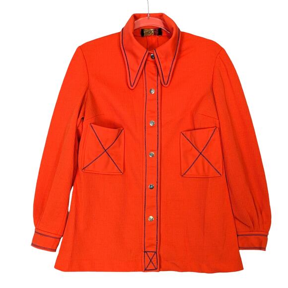 Vintage 60's 70's Women's Orange Dagger Collar Blouse Ribbed Snap Polyester - Picture 1 of 8